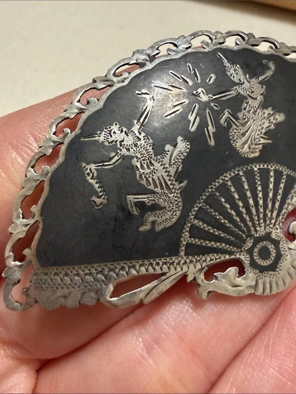 Vintage Siam Sterling Silver ESC Fan-Shaped Brooch